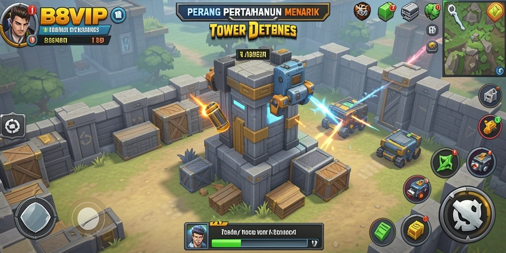 Screenshot B8VIP menampilkan pertahanan menara melawan gelombang musuh.