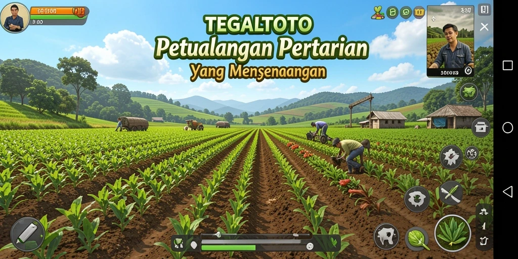 Screenshot gameplay TEGALTOTO yang menunjukkan ladang hijau dan aktivitas bertani.
