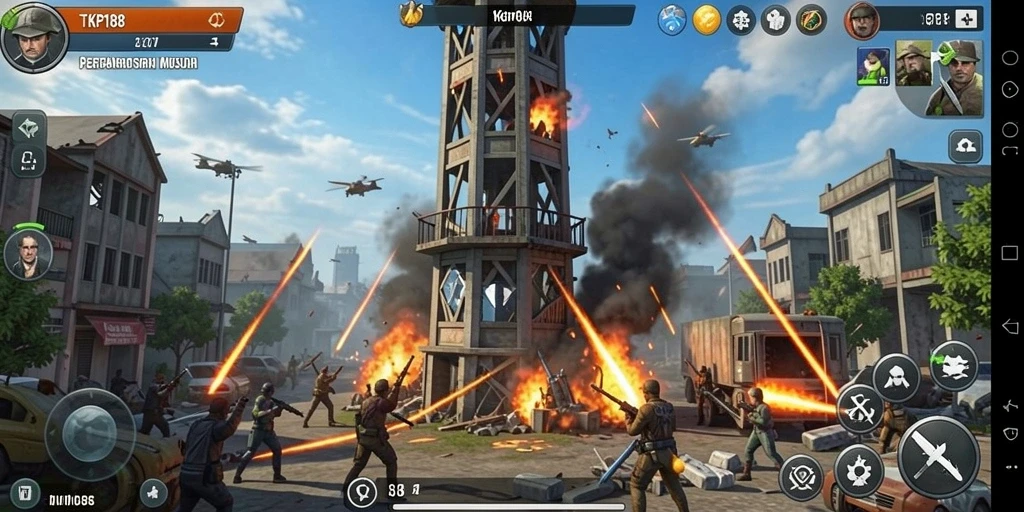 Tampilkan pertempuran strategis dalam game Tower Defense.